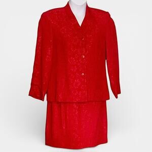 Vintage 90s Tamotsu New York Red Silk Blend Skirt Suit Career Jacket S Skirt 8